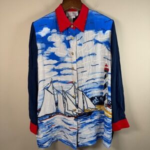 Diane Gilman Vintage 100% Silk Beaded Sailboat Nautical Button Down Blouse